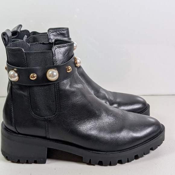 KARL LAGERFELD Paris Pola Black Leather Embellished Chelsea Ankle Boot Women's 8 - Picture 5 of 11